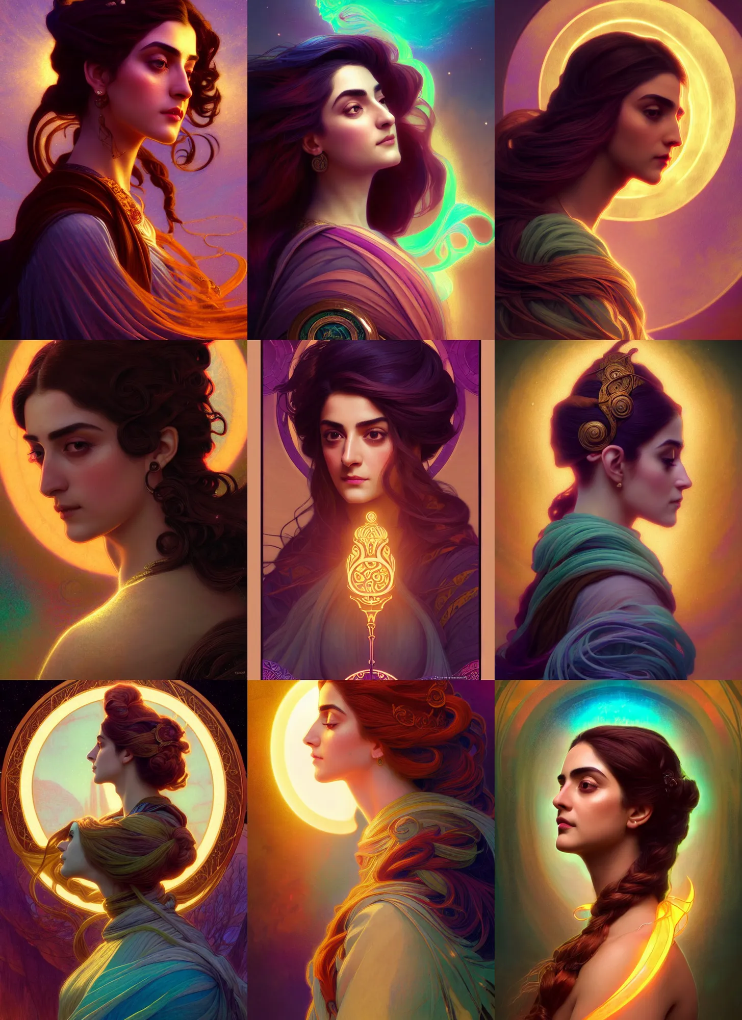 Prompt: side portrait, maya ali, wind sorcerer, gloomhaven, soft, smooth, luminescent, art nouveau tarot, backlit glow, colorful swirly ripples, gaudy colors, aesthetic octane render, unreal engine, pre - raphaelite, 8 k, by mucha, ilya kuvshinov, cushart krenz