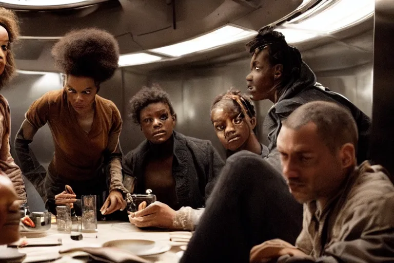 Image similar to movie closeup diverse interracial small team of European sci-fi futuristic space explorers talking at the table in a spaceship kitchen, beautiful skin, Symmetrical faces. Beautiful lighting by Emmanuel Lubezki