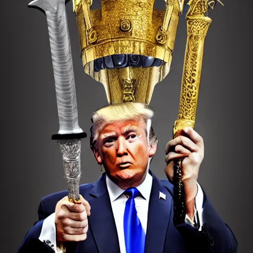 Image similar to donald trump, wearing knights armor, holding a big golden broadsword, by hans holdein, donald trumps handsome face