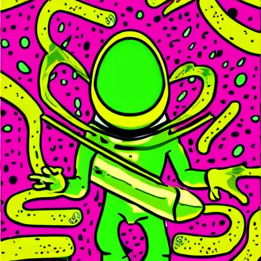 Prompt: pop - wonder - nft alien - meat half - tone - art of a alf wading through the goopy - muck and slithering about the castle side delights on a melted cheesy day in a hand - drawn vector, svg, cult - classic - comic - style