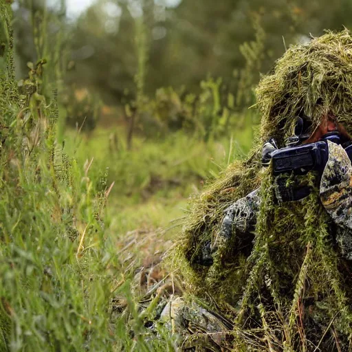 Prompt: a sniper in a ghillie suit in the bushes