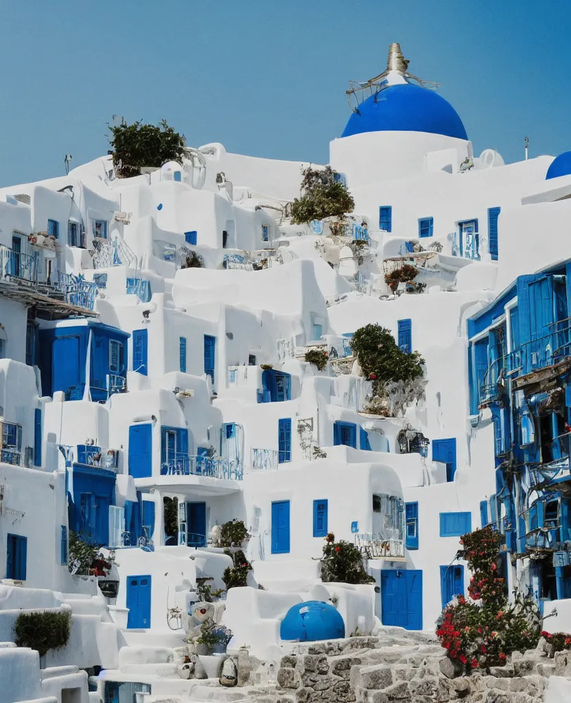 Prompt: studio ghibli white steampunk house with a blue roof, in mykonos, the greek isles, 35mm photography