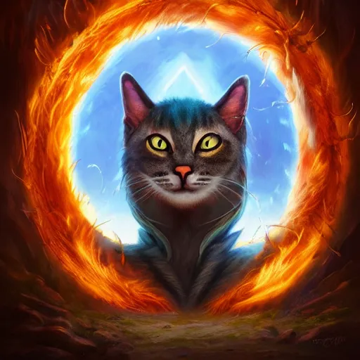 Prompt: anthropomorphic druidic cat in a vortex of flame, 8k resolution matte fantasy painting, cinematic lighting, DeviantArt Artstation, Jason Felix Steve Argyle Tyler Jacobson Peter Mohrbacher