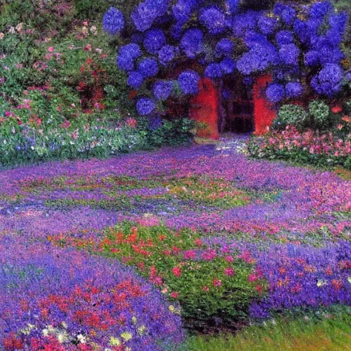 Image similar to a gorgeous garden on the edge of a cliff filled with beautiful flowers of blue and violet and pink from all around the world, monet