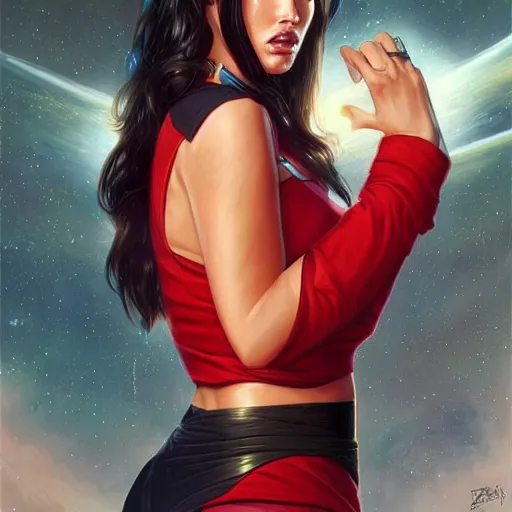 Image similar to ultra realistic illustration, megan fox as star trek captain wearing red shirt anime, intricate, elegant, highly detailed, digital painting, artstation, concept art, smooth, sharp focus, illustration, art by artgerm and greg rutkowski and alphonse mucha and wlop