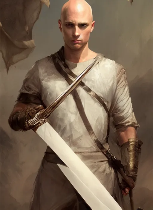 Image similar to a young man with wide, intense eyes. he is bald and clean shaven, dressed entirely in white and holding a huge sword. painting by greg rutkowski and raymond swanland