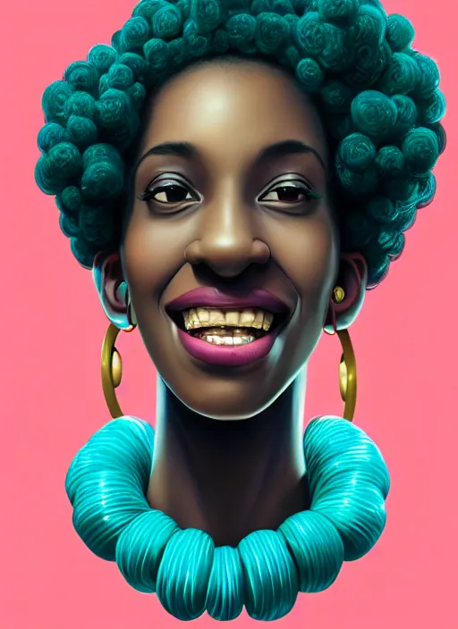 Image similar to portrait of shy black girl, realistic, bantu knots, pointy nose, lanky, smile, nerdy, defined jawline, big chin, teal hair bow, earrings, intricate, elegant, glowing lights, highly detailed, digital painting, artstation, sharp focus, illustration, complimentary colors, art by wlop, mars ravelo and greg rutkowski