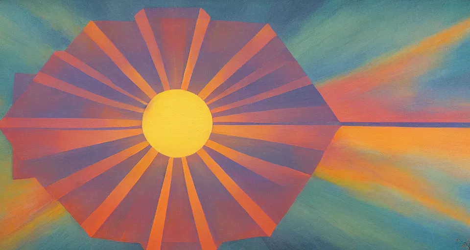 Image similar to hexagonal solar sail between the sun and earth, art deco painting