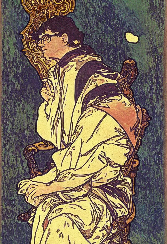 Image similar to Yann LeCun sitting on the throne on a tarot card, tarot in art style by Alphonse Mucha