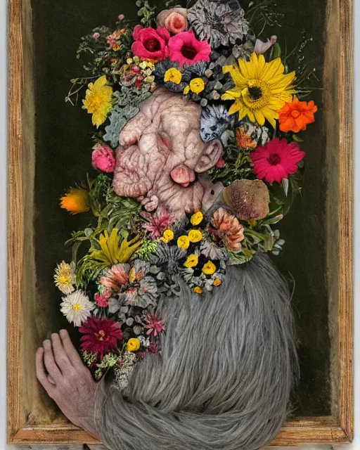 Image similar to a fleshy old woman covered in flowers in the style of Giuseppe Arcimboldo and james jean. Covered in wispy gray hair with a hint of neon.