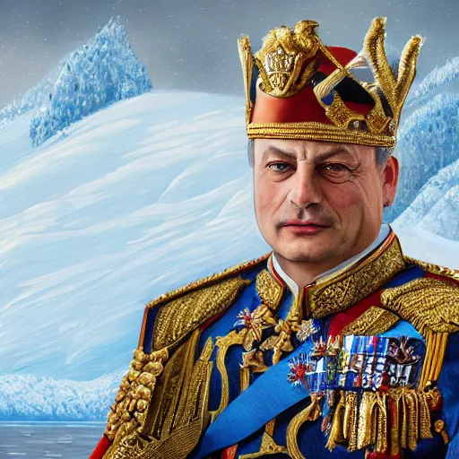 Image similar to an extremely realistic portrait depicting the coronation of hungarian prime minister viktor orban dressed in royal national costume, on the frozen danube, detailed, intricate, elegant, highly detailed, digital painting, artstation, concept art, smooth, sharp focus, illustration,