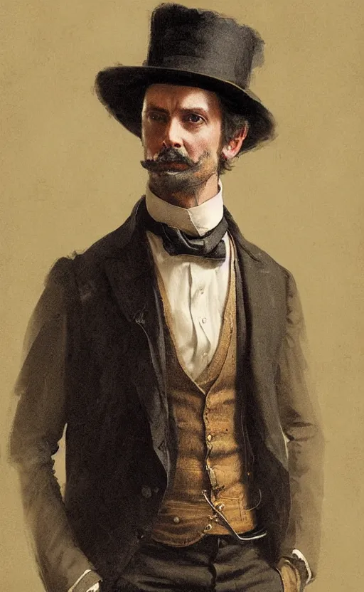 Image similar to portrait of a victorian gentleman wearing a waistcoat, male, detailed face, victorian, highly detailed, cinematic lighting, digital art painting by greg rutkowski