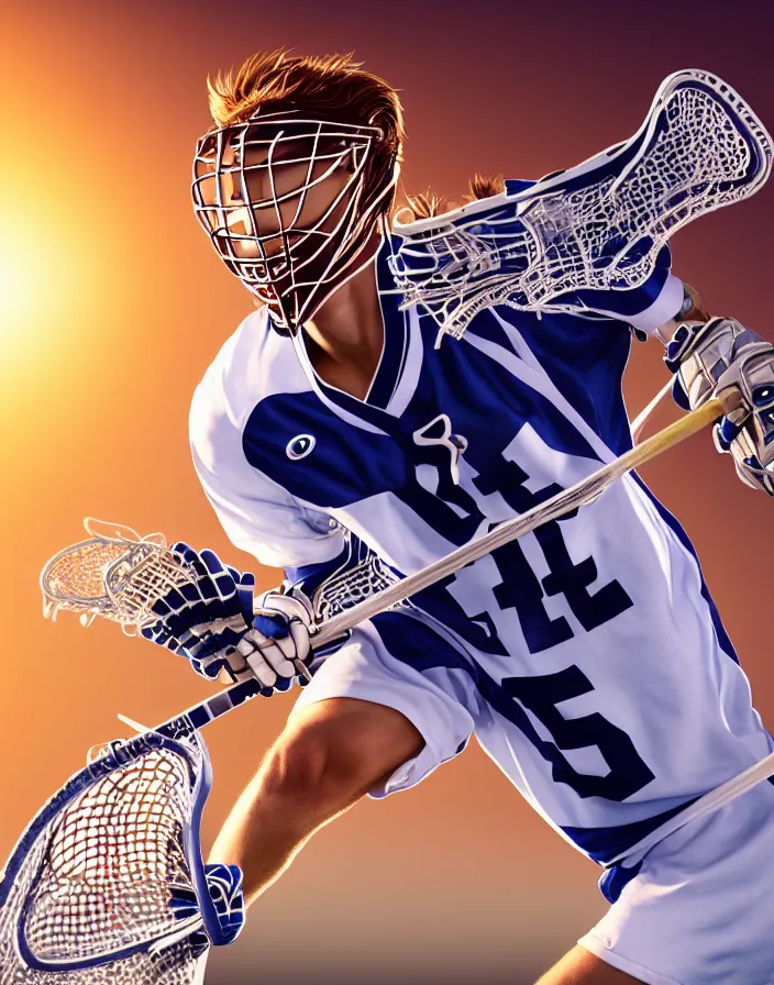 Image similar to closeup portrait of very beautiful cute male lacrosse player in a penn state stadium, glamour pose, particle effects, backlit, highly detailed, soft ambient lighting, sharp focus, rule of thirds, artgerm, wlop, arney freytag, rossdraws, frank frazetta, andrei riabovitchev, hd, octane, 4 k