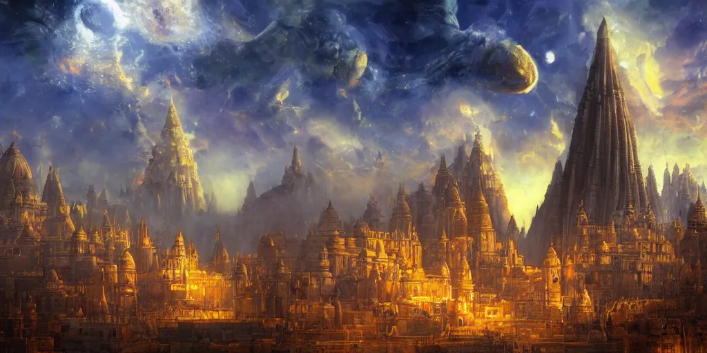 Image similar to fantasy oil painting, mega structure city of varanasi, fantasy, colossal, gate, looming, small buildings, warm lighting, street view, silhouetted figure standing overlooking, space port city, epic, distant mountains, bright clouds, luminous sky, cinematic lighting, michael cheval, michael whelan, artstation, oil painting, vray, 8 k hd