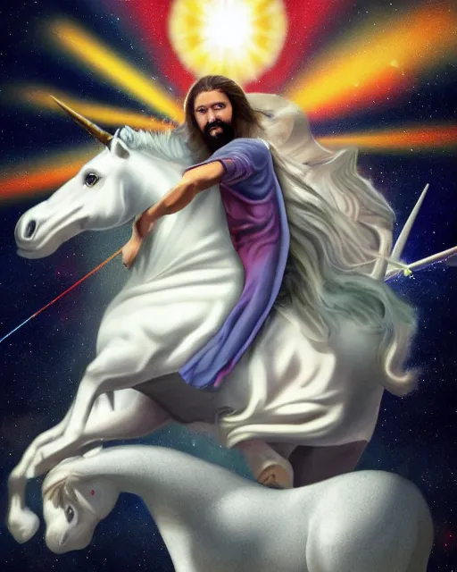 Prompt: Stylized Artistic Render of Jesus flying a unicorn through space while shooting lasers out of his eyes