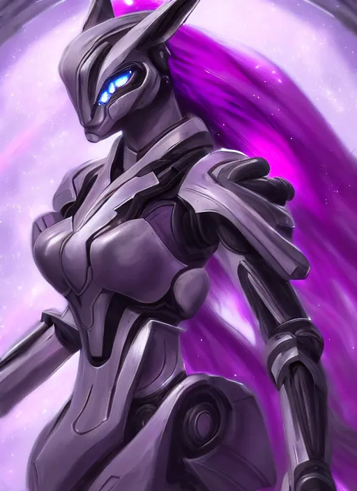 Image similar to cinematic goddess close shot, beautiful stunning hot anthropomorphic robot mecha female dragon, sleek head, metal ears, led purple eyes, smooth fuschia skin, smooth silver armor, floating in space, holding a galaxy, epic proportions, epic size, epic detail, furry art, dragon art, giantess art, warframe fanart, furaffinity, octane