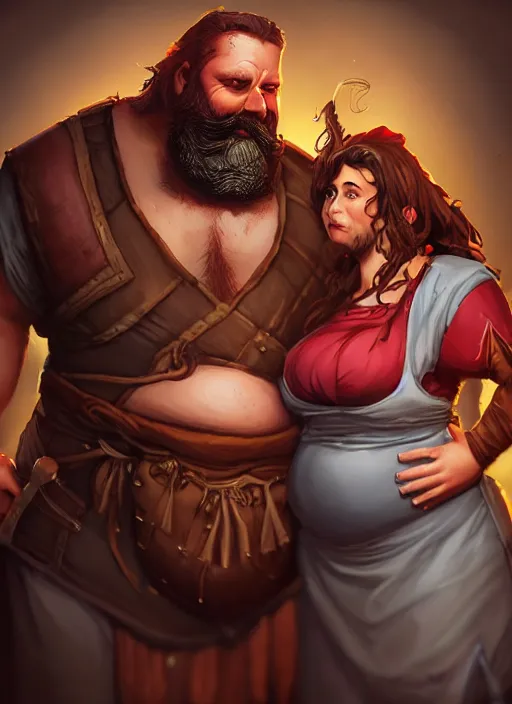 Image similar to an epic fantasy comic book style portrait painting of a hearty man with a big belly and thick beard and large woman who are a couple in a tavern with them both wearing aprons, unreal 5, daz, hyperrealistic, octane render, cosplay, rpg portrait, dynamic lighting