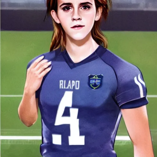 Image similar to emma watson as football player, hyper realistic