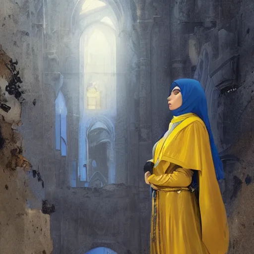 Image similar to a middle - eastern female cleric with straight black hair wearing blue and yellow vestments exploring an abandoned monastery, fantasy, highly detailed, digital painting, artstation, concept art, character art, art by greg rutkowski and tyler jacobson and alphonse mucha