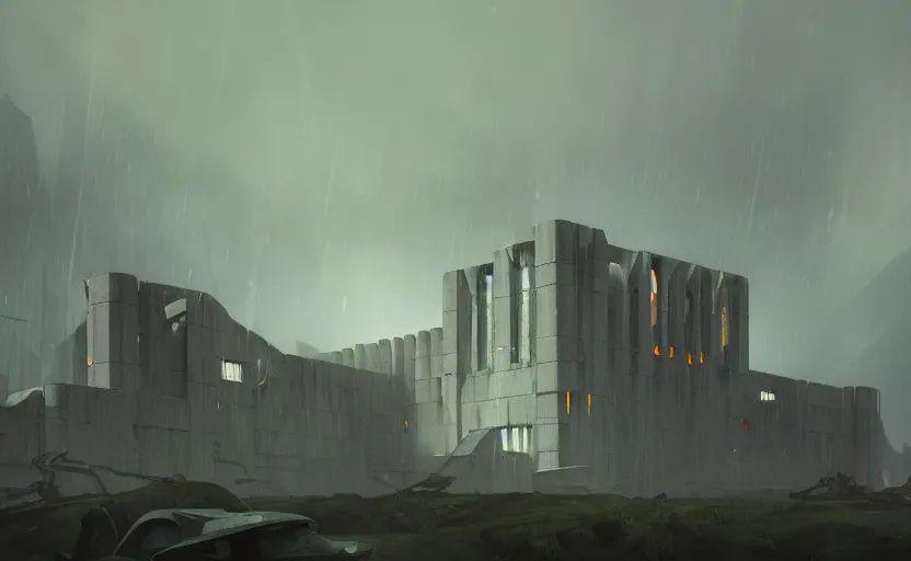 Image similar to painting of a wide angle exterior shot of a white concerete brutalist architecture stronghold modern castle with rainy and moody cinematic lighting by darek zabrocki and greg ruthkowski, alphonse mucha, simon stalenhag and cinematic and blue cold atmospheric, archillect concept art, artstation, trending on artstation