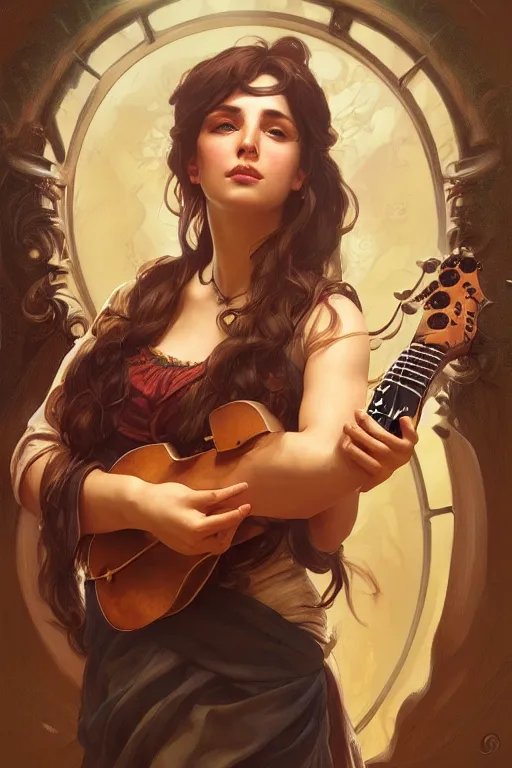 Prompt: beautiful bard holding a mandolin, accurate anatomy, only two hands, highly detailed, digital painting, artstation, concept art, smooth, sharp focus, illustration, Unreal Engine 5, 8K, art by Artgerm and greg rutkowski and alphonse Mucha