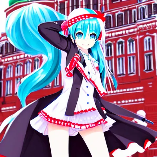 Image similar to hatsune miku on the moscow red square, high detailed anime art, trending on pixiv