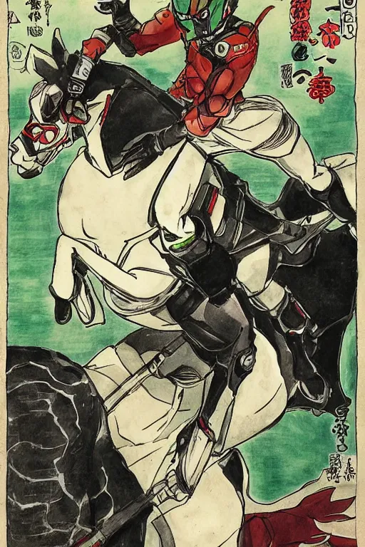 Image similar to kamen rider v 3 riding a horse, by kuniyoshi utakawa