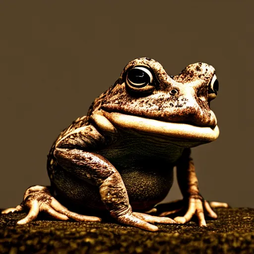 Image similar to toad philosopher in the pose of a thinker, swamp, hyperrealism, symmetric, by Irving Penn, bokeh top cinematic lighting , cinematic mood, very detailed, shot in canon