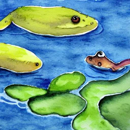 Prompt: watercolor painting of tadpole in a pond