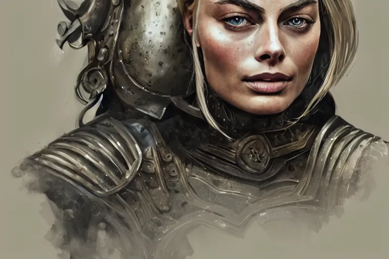 Prompt: a finely detailed portrait of Margot Robbie, clothed in battle armor, olive skin, long dark hair, beautiful bone structure, symmetrical facial features, intricate, elegant, digital painting, trending on Artstation, concept art, smooth, sharp focus, illustration, from Game of Thrones