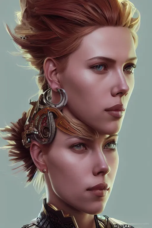 Image similar to symmetry!! portrait of scarlet johansson in the style of horizon zero dawn, machine face, intricate, elegant, highly detailed, digital painting, artstation, concept art, smooth, sharp focus, illustration, art by artgerm and greg rutkowski and alphonse mucha, 8 k