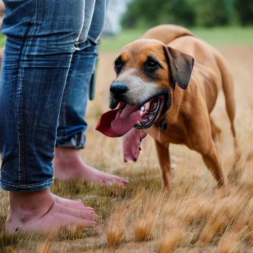 Prompt: a dog with one human leg being given wheat treats