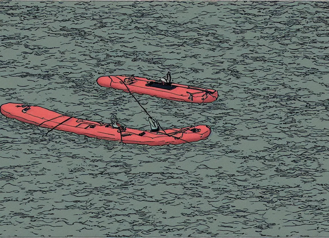 Image similar to a river raft floating down a river by moebius