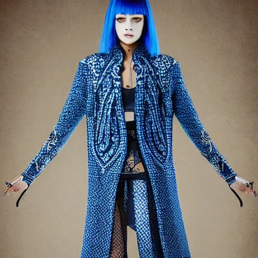 Image similar to fashion 2 0 5 0 fantastic openwork long coat with intricate pattern on a beautiful symmetrical girl with blue hair, hyper realistic photos