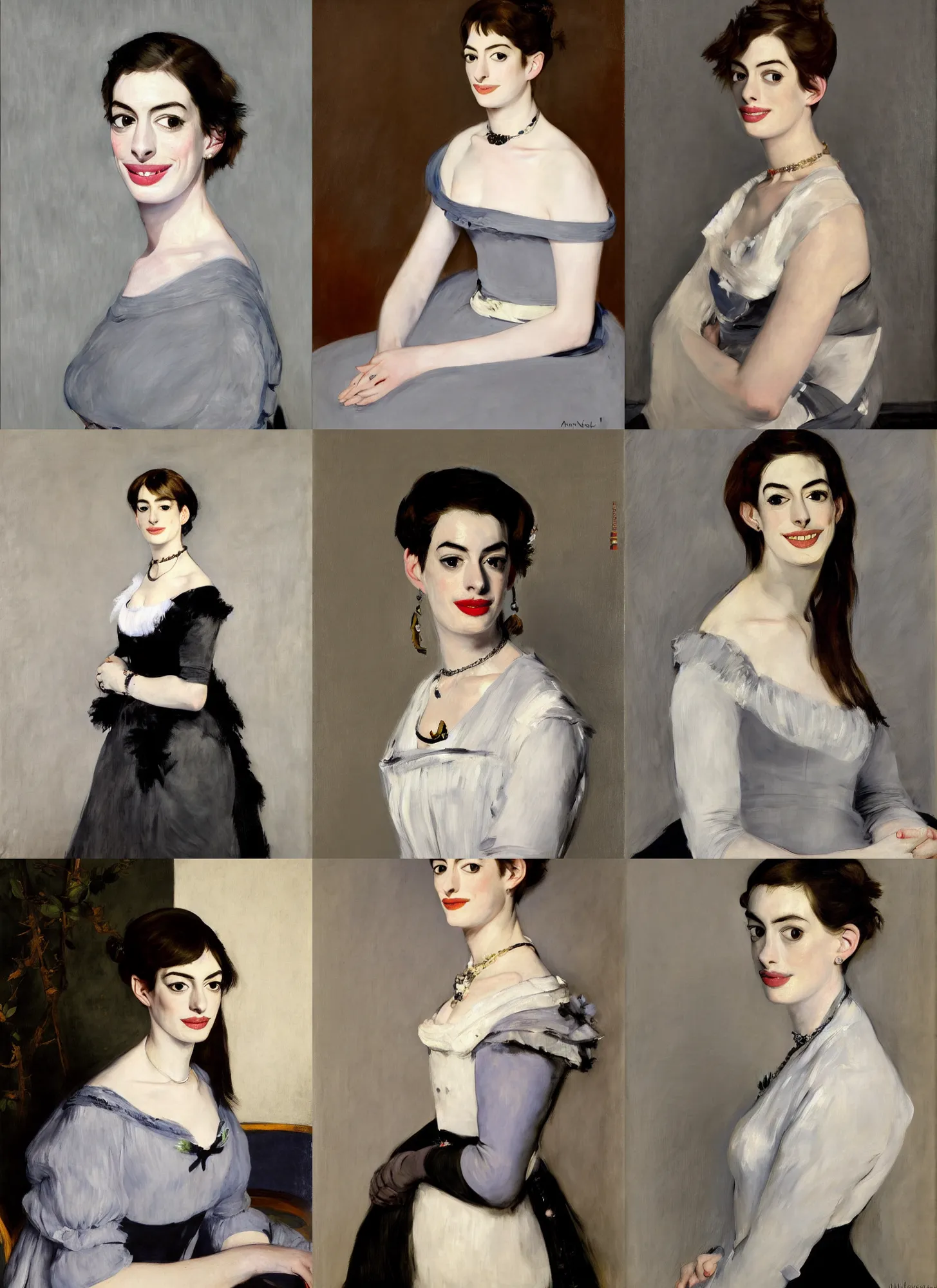 Prompt: portrait of Anne Hathaway, with light grey backdrop, oil painting by Manet, super detailed, 4k, hd