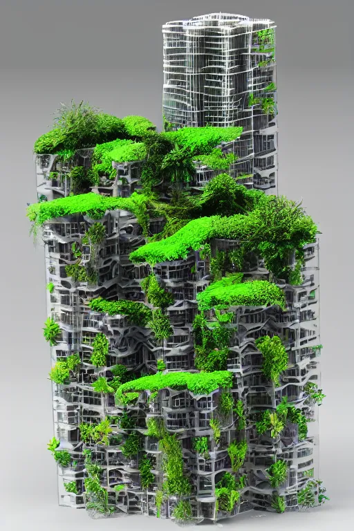 Image similar to 3 d printed physical model organic flowy including more than one city into one vertical building model that sits on a table in a room with a view back, multiple stories, transparent, with vegetation, colorful, eye - level view, 8 0 k, octane render, highly detailed 3 d render,