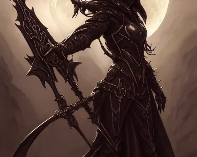 Image similar to demon hunter black gothic crossbow dramatic moon poser, deep focus, d & d, fantasy, intricate, elegant, highly detailed, digital painting, artstation, concept art, matte, sharp focus, illustration, hearthstone, art by artgerm and greg rutkowski and alphonse mucha