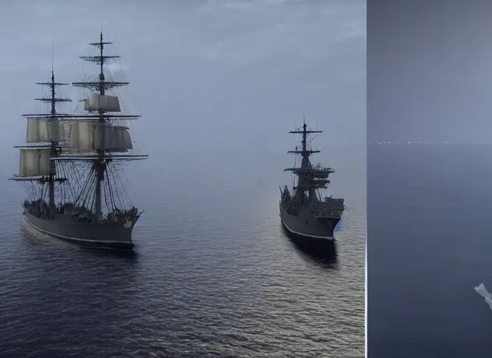 Prompt: a 1700s pirate ship sailing next to modern day US destroyer sailing side by side, hyper-realistic, volumetric fog