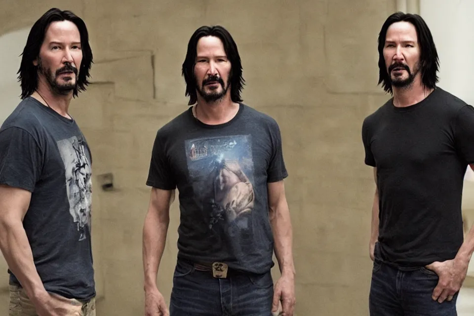 Prompt: film still of keanu reeves holding a t - shirt with keanu reeves on the sleeves in the new fantasy movie