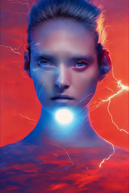 Prompt: 3 d, sci - fi, sun, sleepy fashion model face, sun, cinematic, lightning clouds, vogue cover style, stanley kubrick, light red and deep blue mood, realistic painting, intricate oil painting, high detail, figurative art, multiple exposure, poster art, 3 d, by tooth wu and wlop and beeple and greg rutkowski