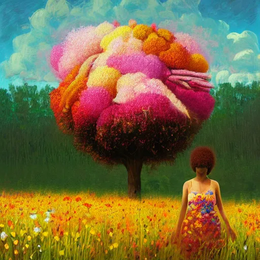 Image similar to afro made of flowers, full body, girl standing in a field with flowers, surreal photography, hills, big trees, sunrise dramatic light, impressionist painting, colorful clouds, digital painting, pointillism, artstation, simon stalenhag