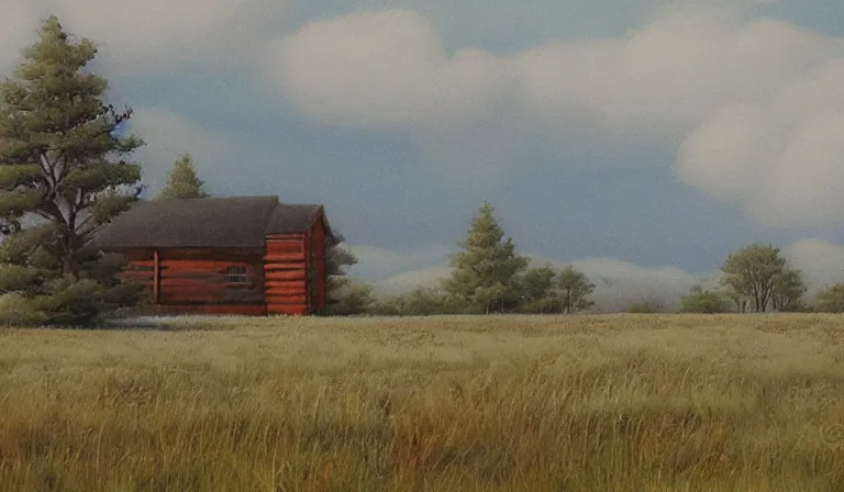 Image similar to A serene landscape with a singular building in the style of Terry Redlin.