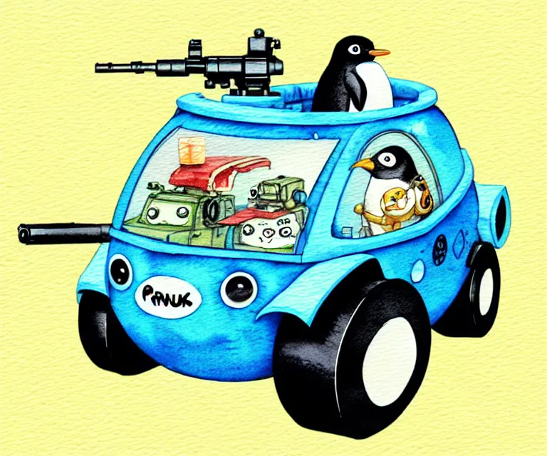 Image similar to cute and funny, penguin riding in a tiny tank with large gun, ratfink style by ed roth, centered award winning watercolor pen illustration, isometric illustration by chihiro iwasaki, edited by range murata, tiny details by artgerm and watercolor girl, symmetrically isometrically centered, sharply focused