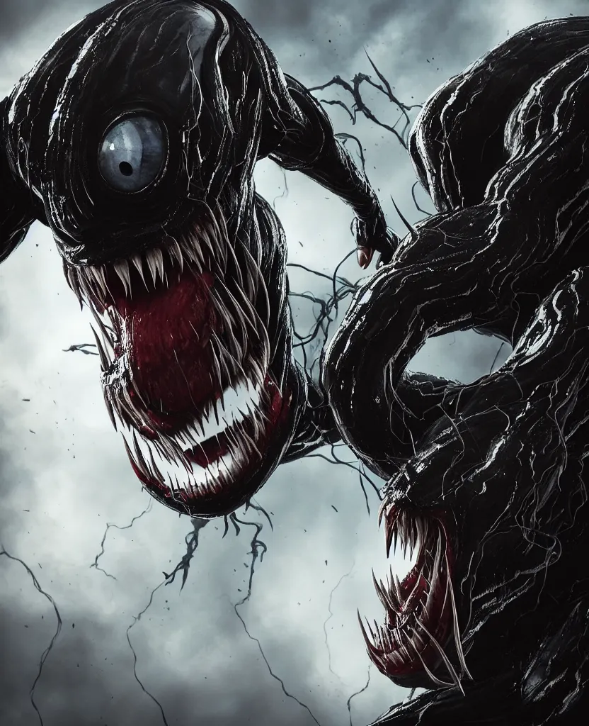 Image similar to A Minion from Despicable Me cast as Venom, still from marvel movie, hyperrealistic, 8k, Octane Render, dark colors, sinister atmosphere, dramatic lighting, cinematic, establishing shot, extremely high detail, photo realistic, cinematic lighting, pen and ink, intricate line drawings, by Yoshitaka Amano, Ruan Jia, Kentaro Miura, Artgerm, post processed, concept art, artstation, matte painting, style by eddie mendoza, raphael lacoste, alex ross