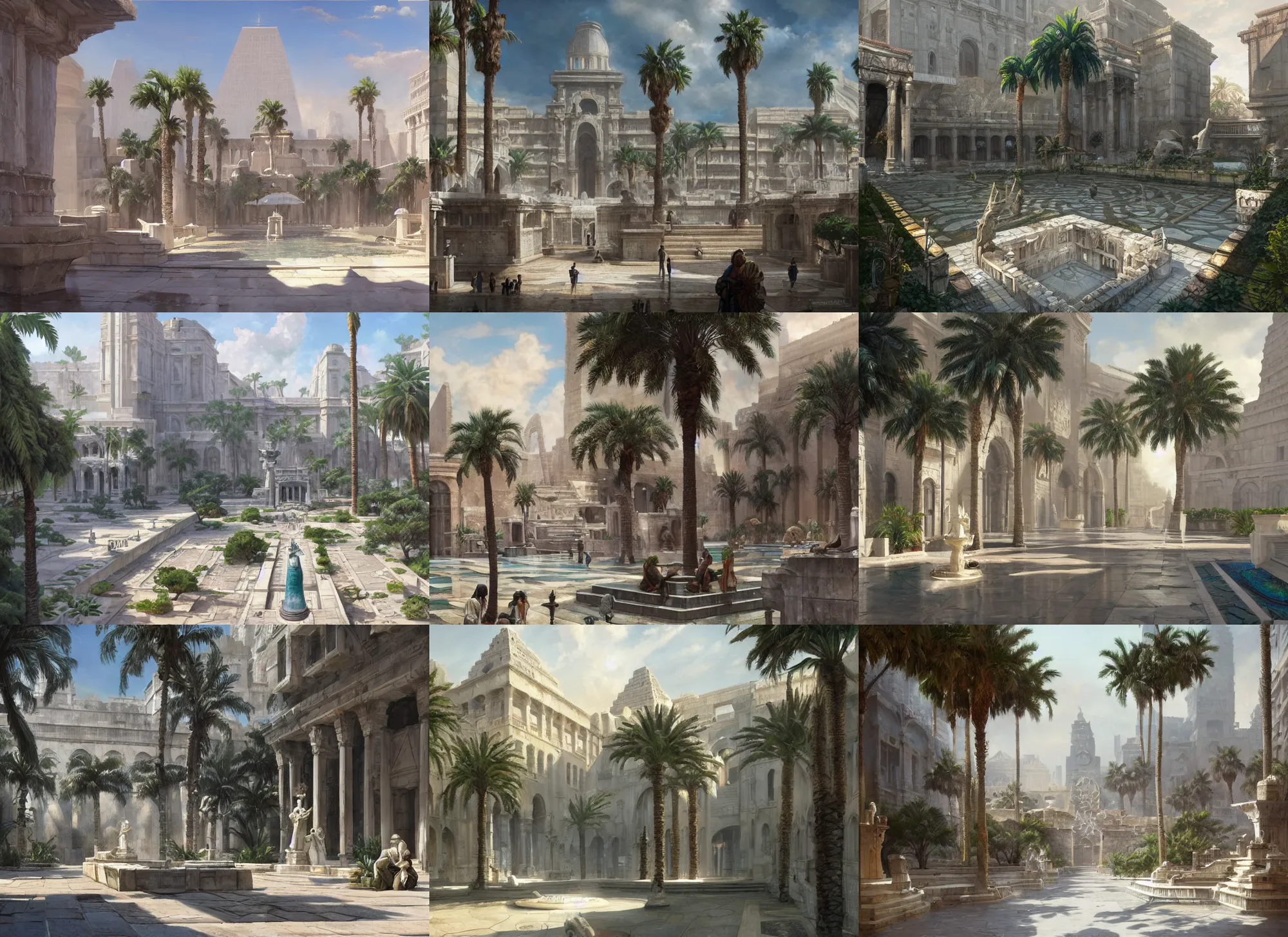 Prompt: A wide open courtyard made of glistening white limestone in an epic, colorful city, anime, pyramids, palm trees, fountain, statues, a fantasy digital painting by Greg Rutkowski and James Gurney, trending on Artstation, highly detailed