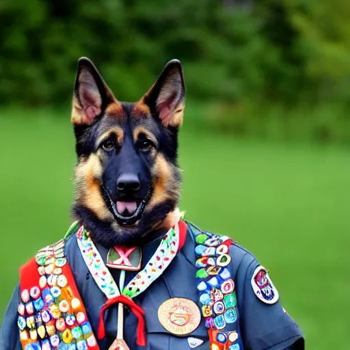 Image similar to a humanoid german shepherd posing as a eagle scout. pinterest, 4 k.