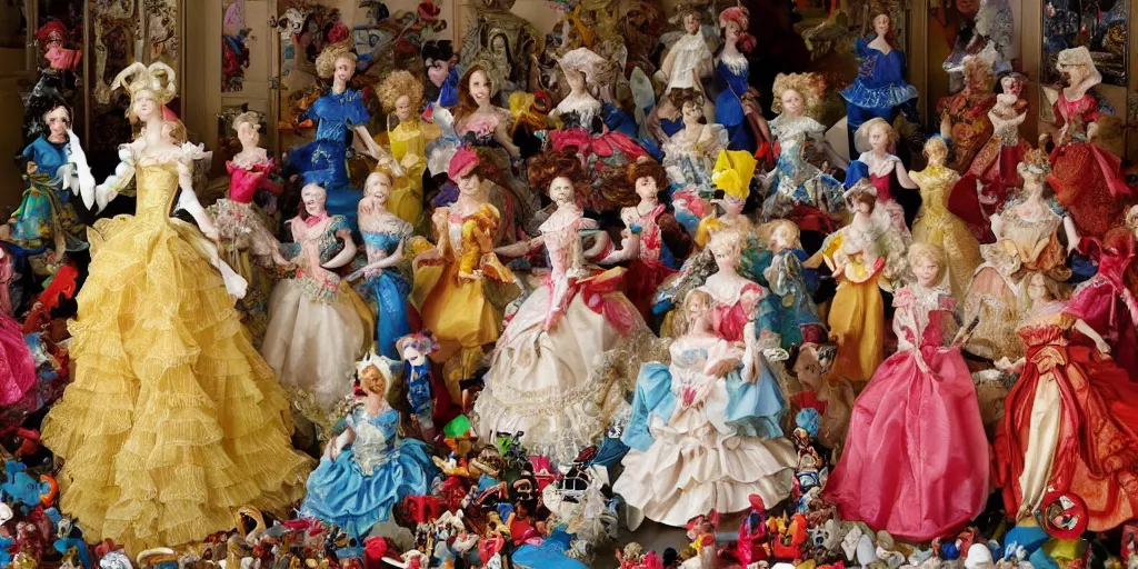 Image similar to !dream Women in baroque dresses, standing in the middle of the room full of toys. Keith Giffen