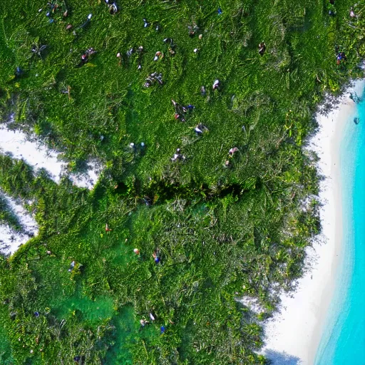 Prompt: birdseye view of a caribbean beach. on the beach there's a mecha from ghost in the shell.