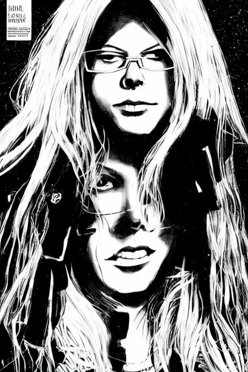 Prompt: Avril Lavigne with mid-length white hair and black rimmed glasses. She is hacking the mainframe. Award Winning. In the style of Moebius.