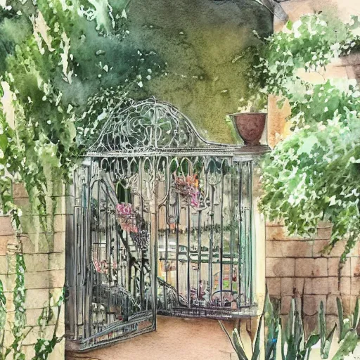 Image similar to delicate, garden, paved, botanic watercolors, iridescent, 8 k, realistic shaded, fine details, artstation, italian, chairs, iron gate, pine maritime, mediterranean